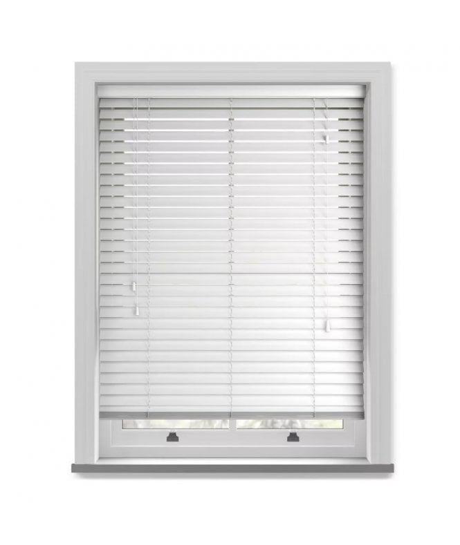 New Edge Blinds 50mm Slat White Grained Faux Wood Venetian Blind With Strings 150cm Drop