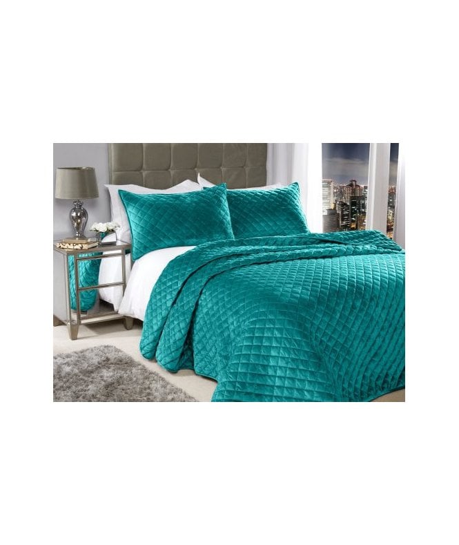 New Edge Blinds Banbury Collection Quilted Soft Touch Velvet Bedspread Set in Emerald Green