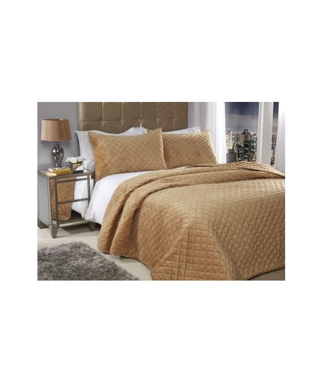 New Edge Blinds Banbury Collection Quilted Soft Touch Velvet Bedspread Set in Ochre
