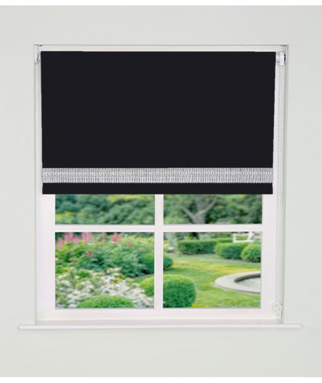 New Edge Blinds Custom Made Black Straight Diamante Edge Border Dimout Roller Blind (165cm Drop)