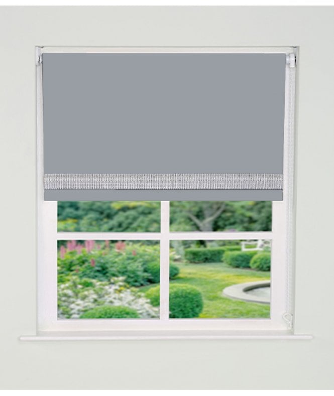 New Edge Blinds Custom Made Silver Straight Diamante Edge Border Dimout Roller Blind (165cm Drop)