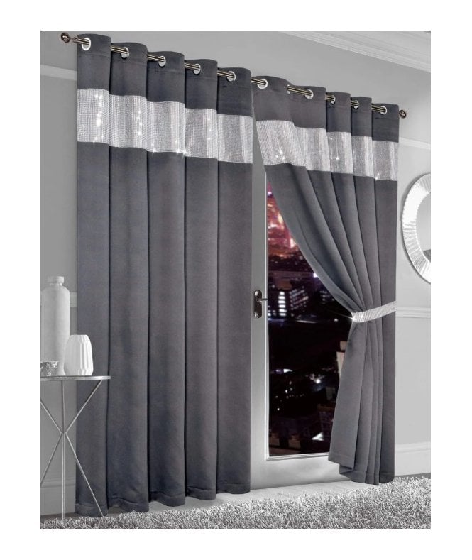New Edge Blinds Diamante Blackout Eyelet Curtains in Charcoal