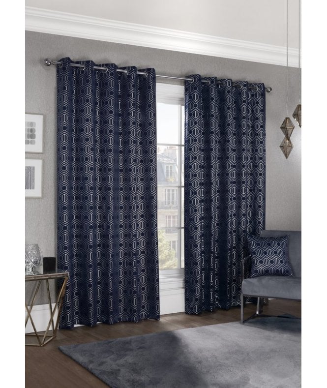 New Edge Blinds Element Geo Thermal Blackout Eyelet Curtains Navy