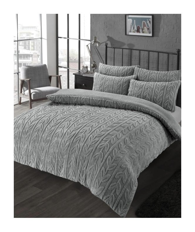 New Edge Blinds Leaf Printed Teddy Duvet Set in Grey