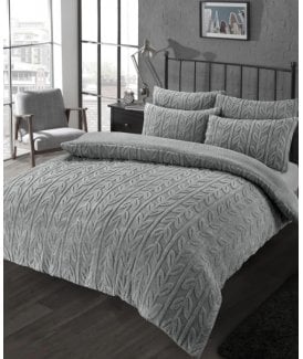 Leaf Printed Teddy Duvet Set in Grey