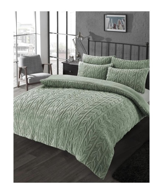 New Edge Blinds Leaf Printed Teddy Duvet Set in Sage Green