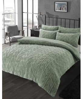 Leaf Printed Teddy Duvet Set in Sage Green