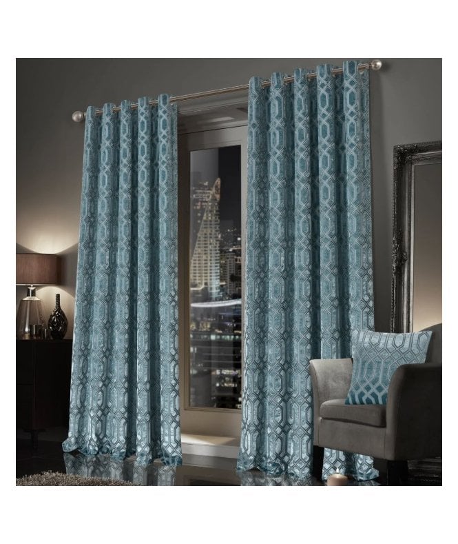 New Edge Blinds Luxe Geo Velvet Eyelet Curtains in Teal