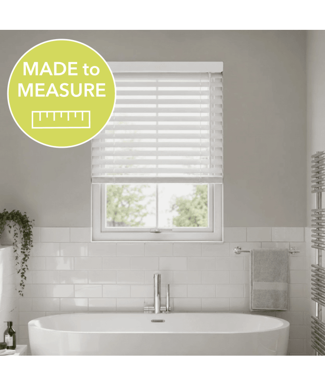 New Edge Blinds Made to Measure Cordless White Faux Wood Venetian Blind With Strings - 50mm Slats