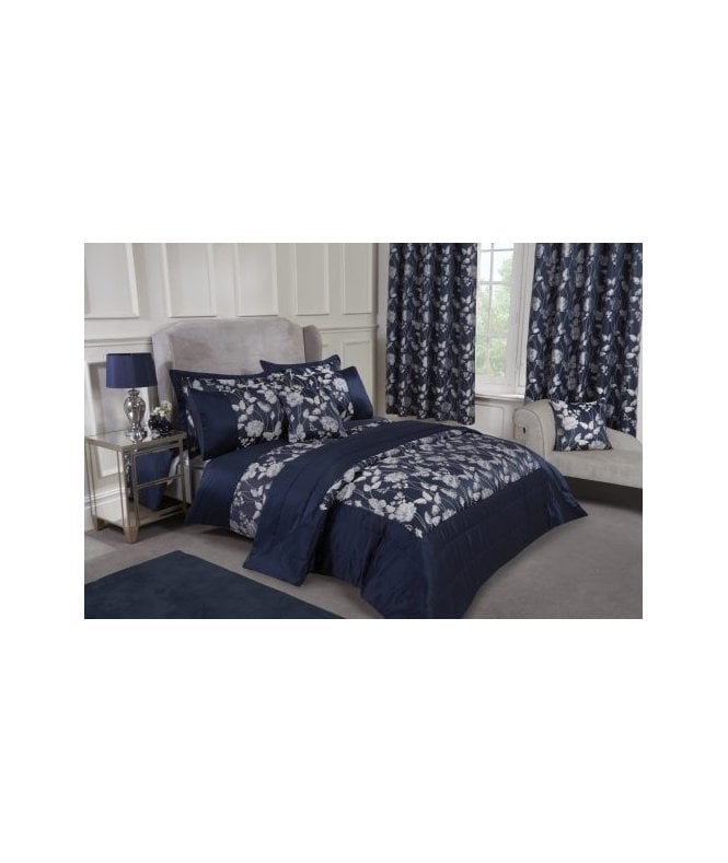 New Edge Blinds Meadows Collection Embellished Jacquard Quilted Bedspread Set in Navy