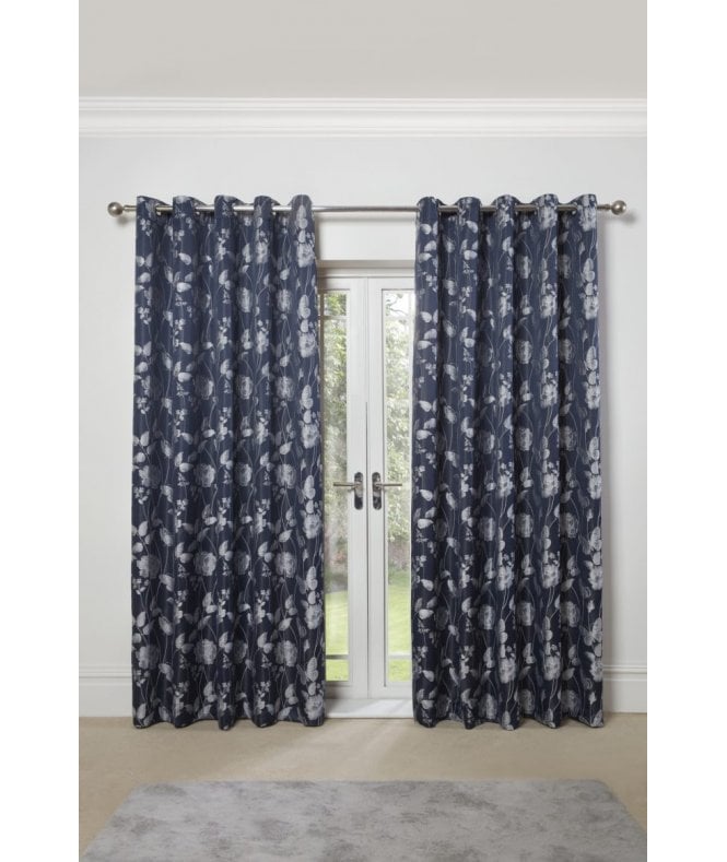 New Edge Blinds Meadows Lined Eyelet Jacquard Curtains Navy