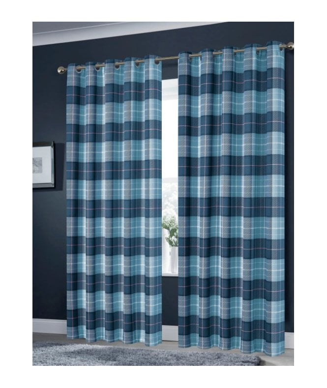 New Edge Blinds Printed Check Curtains in Teal