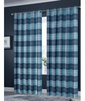 Printed Check Curtains in Teal