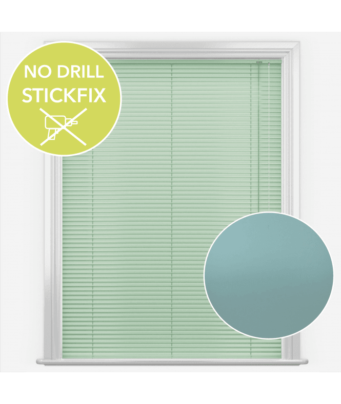 New Edge Blinds San Francisco No Drill Self Adhesive Stick Fix Powder Green Made to Measure Aluminium Venetian Blinds 25mm Slats