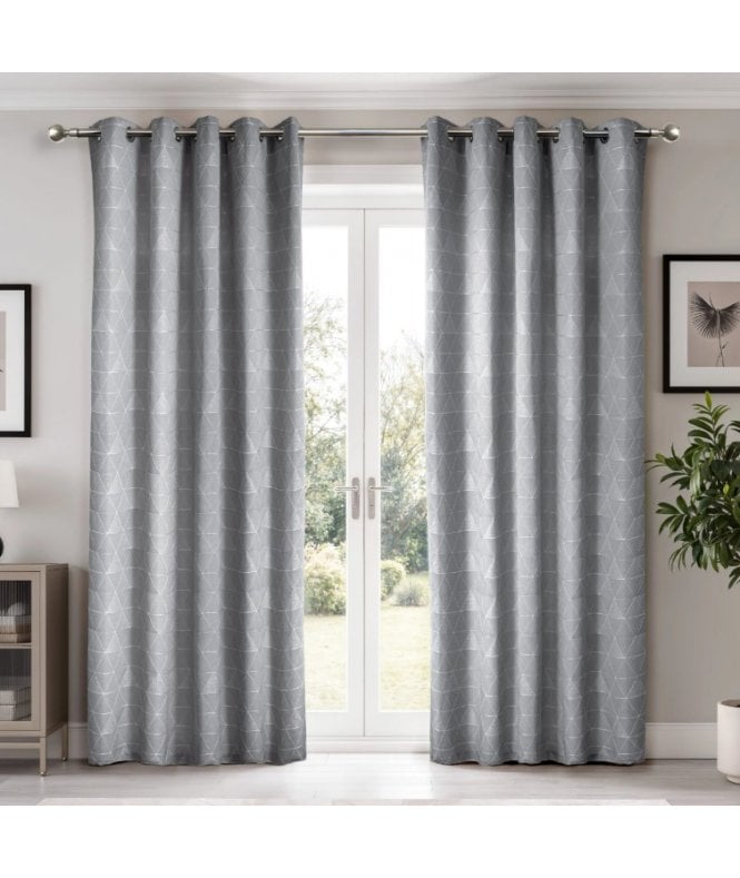New Edge Blinds Siena Geometric Unlined Jacquard Eyelet Curtains in Silver Grey