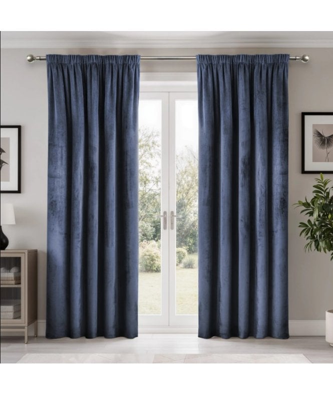 New Edge Blinds Verbena Jacquard Pencil Pleat Curtains in Navy