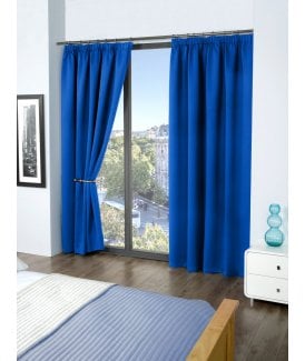 Woven Thermal Blackout Pencil Pleat Curtains Blue