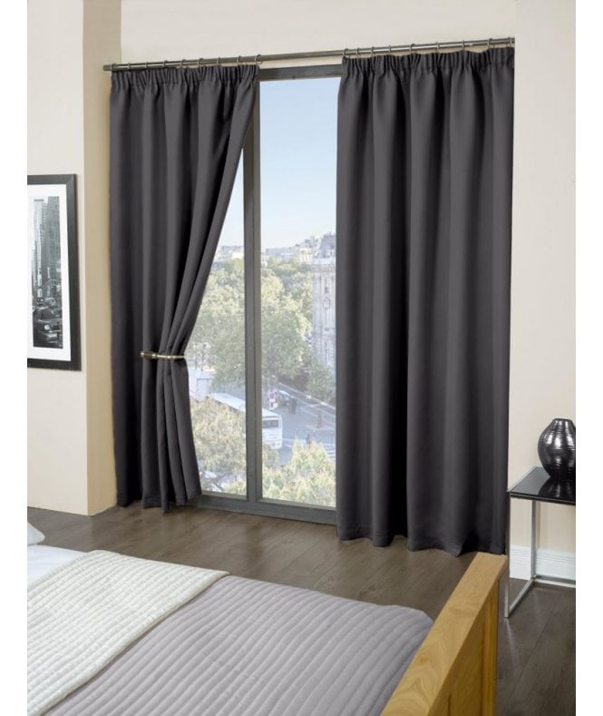 New Edge Blinds Woven Thermal Blackout Pencil Pleat Curtains Charcoal