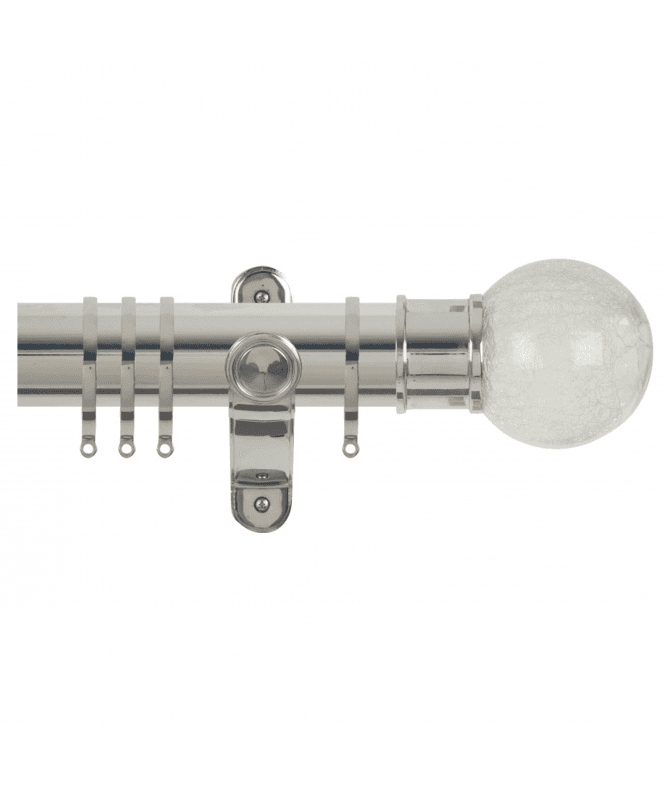 NewEdgeBlinds 50mm Fixed Length Metal Curtain Pole Set with Crackled Glass Finial - Polished Silver