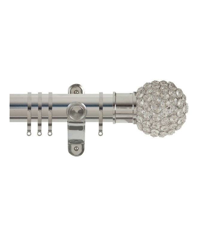 NewEdgeBlinds 50mm Fixed Length Metal Curtain Pole Set with Crystal Beads Finial - Polished Silver