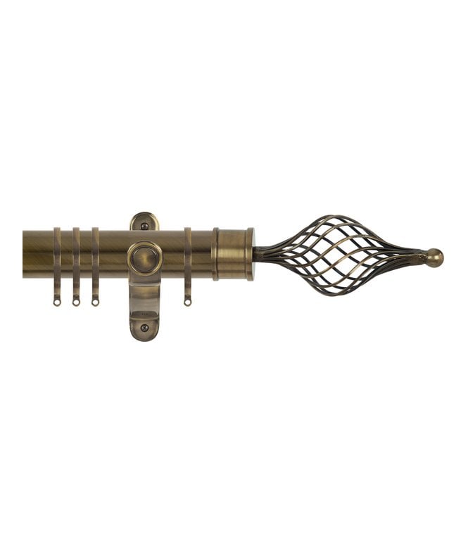 NewEdgeBlinds 50mm Fixed Length Metal Curtain Pole Set with Long Cage Finial - Antique Brass
