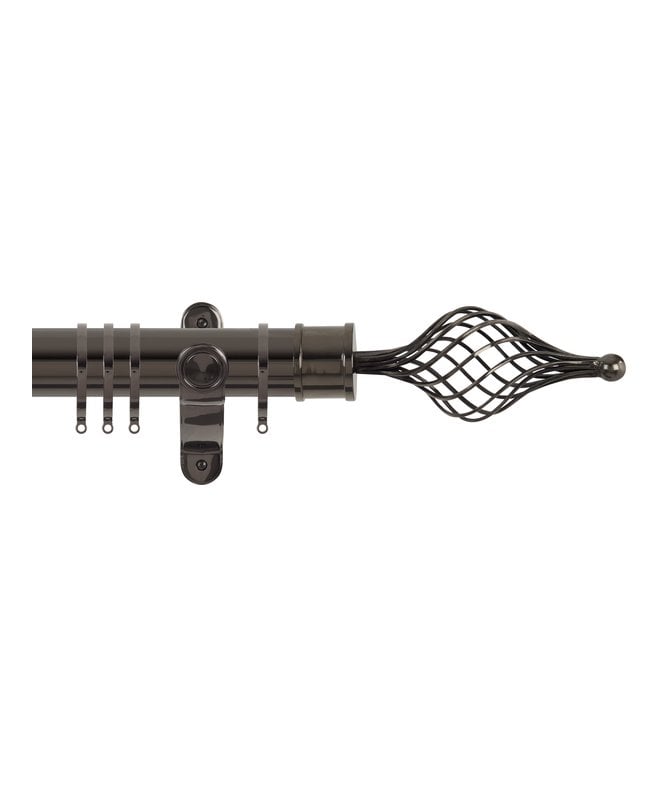 NewEdgeBlinds 50mm Fixed Length Metal Curtain Pole Set with Long Cage Finial - Black Nickel