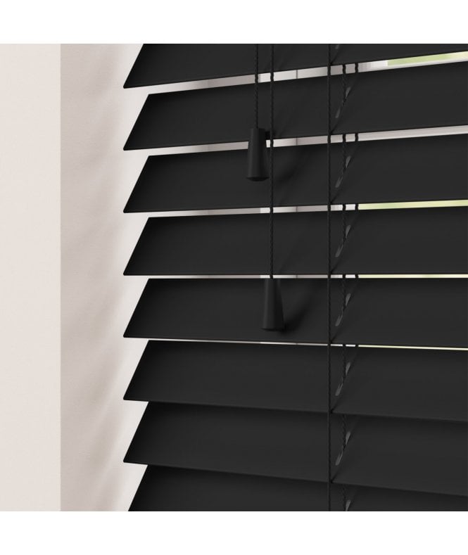 Sunwood 50mm Slat Black Faux Wood Venetian Blind With Strings 120cm Drop