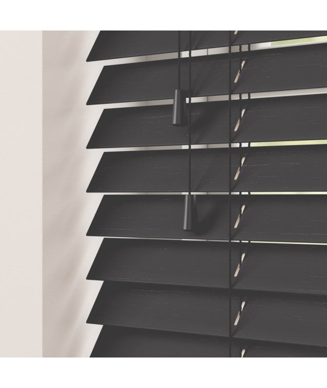Sunwood 50mm Slat Black Real Bamboo Wood Venetian Blind With Strings 120cm Drop