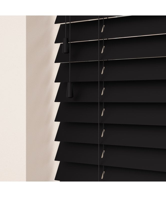 Sunwood 50mm Slat Black Real Wood Venetian Blind With Strings 120cm Drop