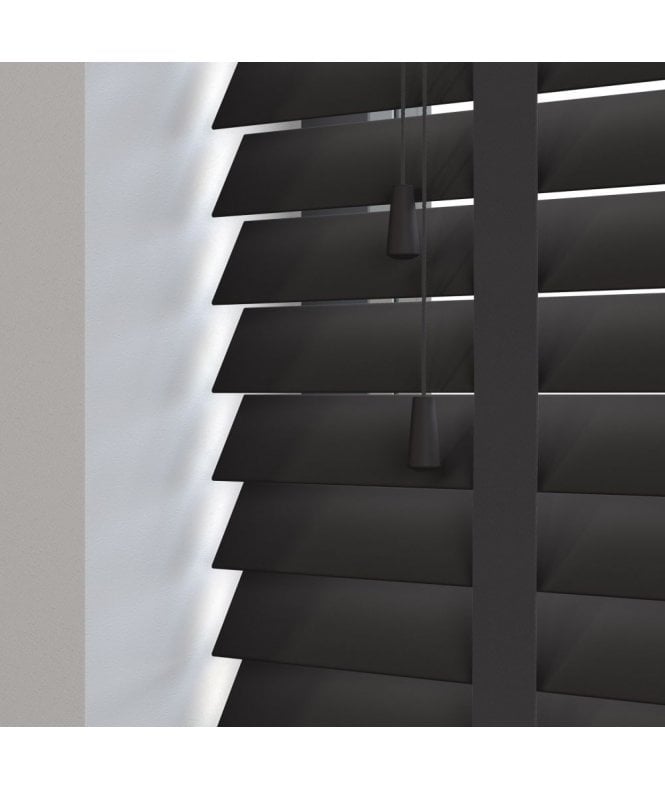 Sunwood 50mm Slat Black Real Wood Venetian Blind With Tapes 120cm Drop
