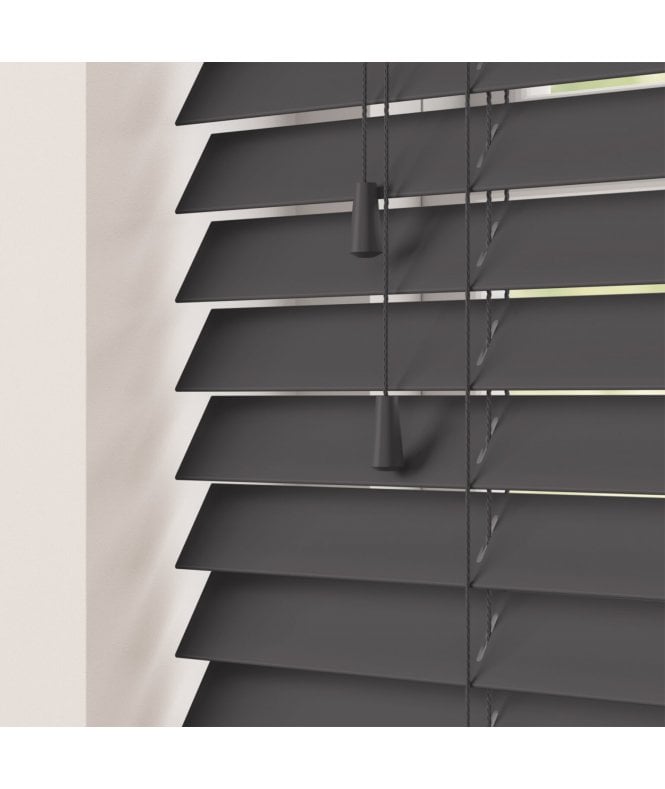 Sunwood 50mm Slat Dark Grey Faux Wood Venetian Blind With Strings 120cm Drop