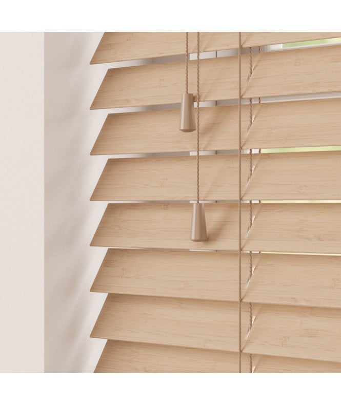 Sunwood 50mm Slat Light Brown Real Bamboo Wood Venetian Blind With Strings 120cm Drop