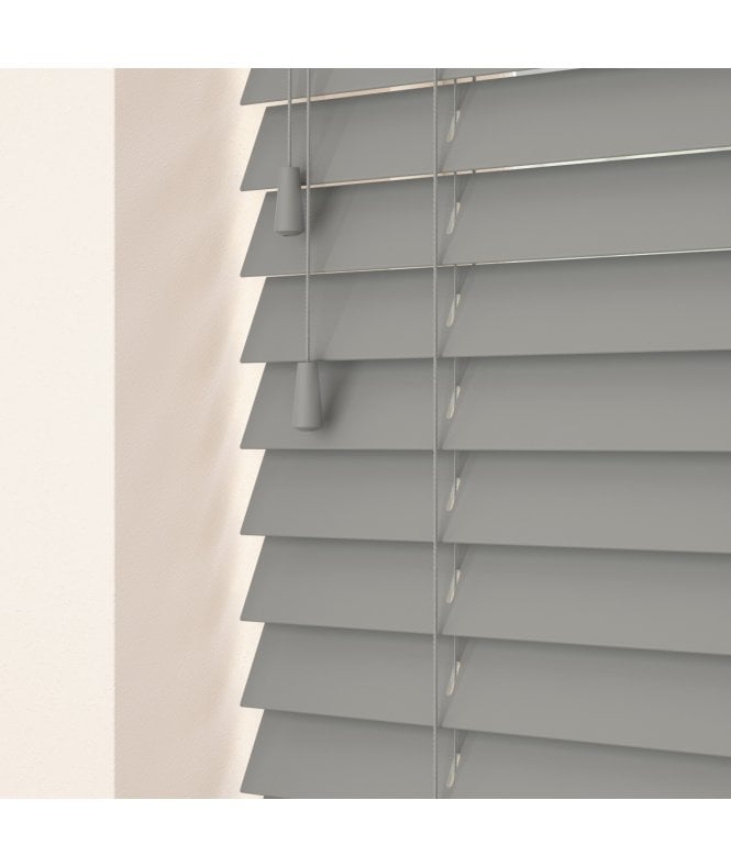 Sunwood 50mm Slat Light Grey Real Wood Venetian Blind With Strings 120cm Drop