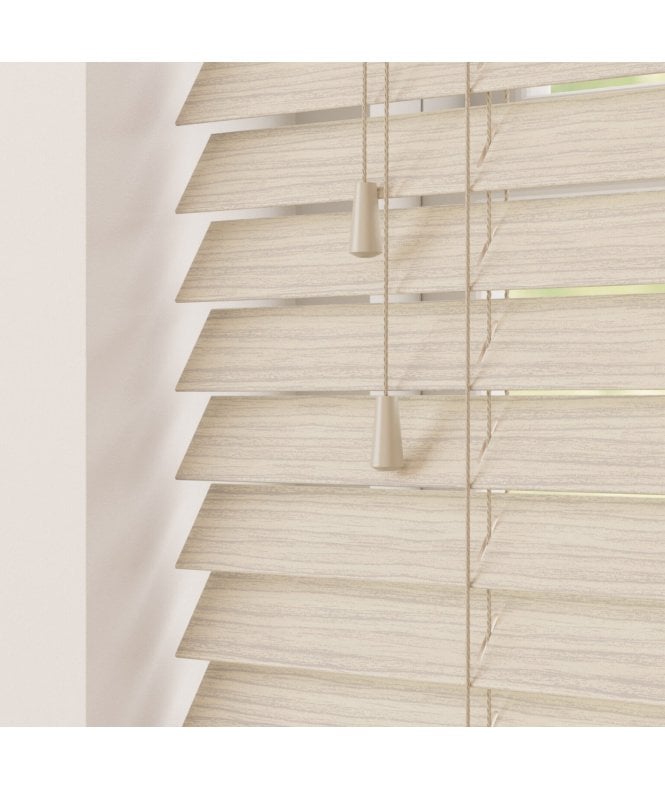 Sunwood 50mm Slat Natural Oak Faux Wood Venetian Blind With Strings 120cm Drop