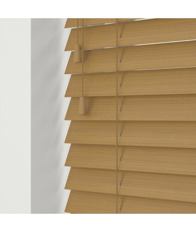 Sunwood 50mm Slat Sahara Oak Faux Wood Venetian Blind With Strings 120cm Drop