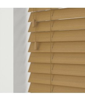 50mm Slat Sahara Oak Faux Wood Venetian Blind With Strings 120cm Drop