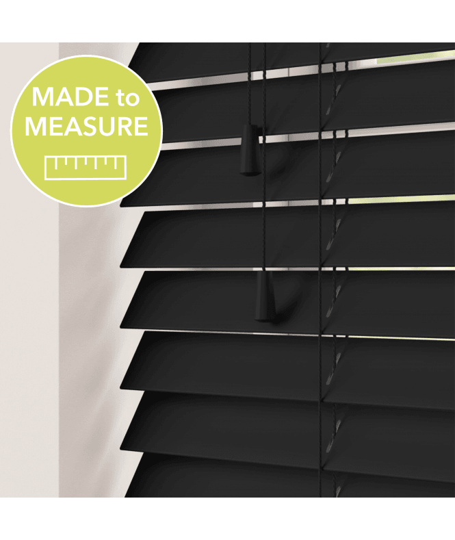 Sunwood Black Made To Measure Faux Wooden Venetian Blinds 50mm Slats With Strings