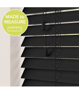 Black Made To Measure Faux Wooden Venetian Blinds 50mm Slats With Strings