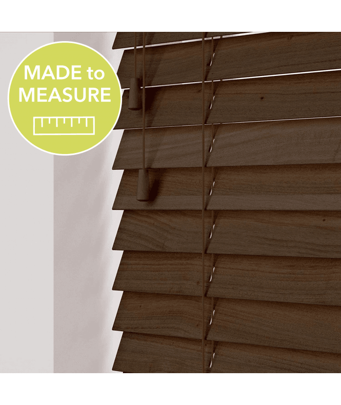 Sunwood Burnt Oak Made To Measure Wooden Venetian Blinds 50mm Slats With Strings