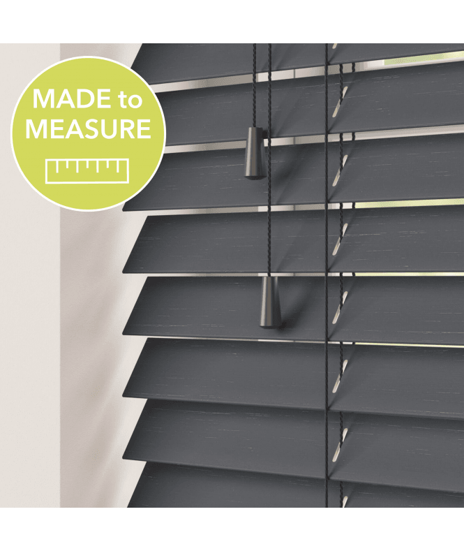 Sunwood Dark Grey Made To Measure Bamboo Wood Venetian Blinds 50mm Slats With Strings