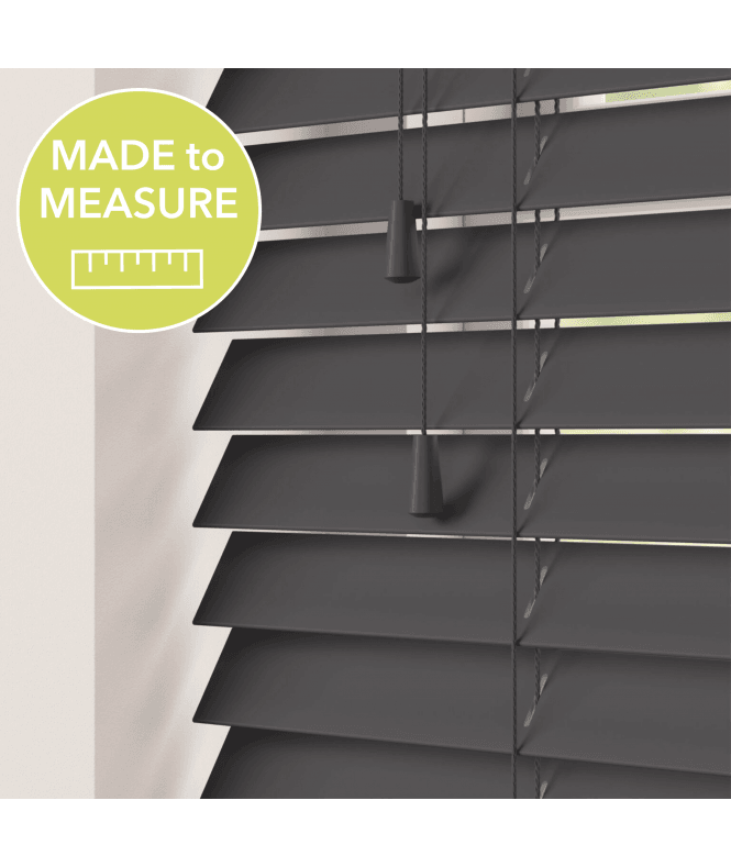 Sunwood Dark Grey Made To Measure Faux Wooden Venetian Blinds 50mm Slats With Strings