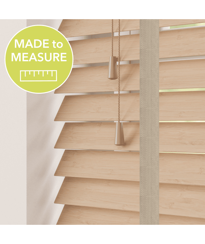 Sunwood Light Brown Made To Measure Bamboo Wood Venetian Blinds 50mm Slats With Tapes