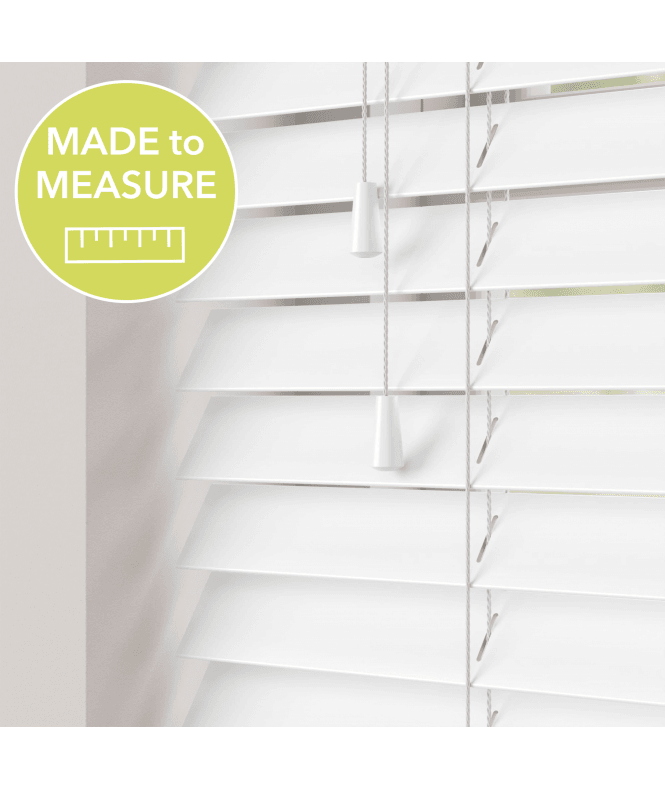 Sunwood White Gloss Made To Measure Faux Wooden Venetian Blinds 50mm Slats With Strings